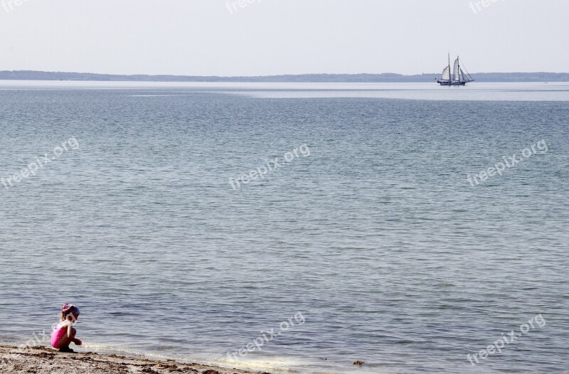 Girl Water Sand Ship Blue