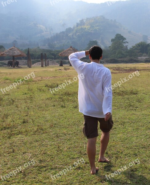 Thailand Landscape Man Walking Hiking Back View