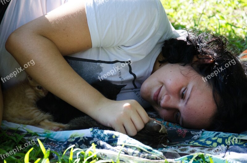 Woman Girl Woman With Cats Kittens Woman Playing With Cats