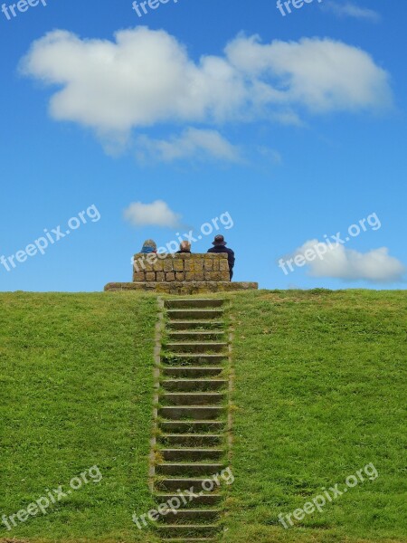 Stairs Grass Clouds Dike Viewpoint