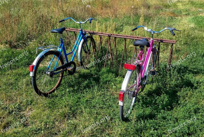 Bicycles Rack Grass Colorful Pink