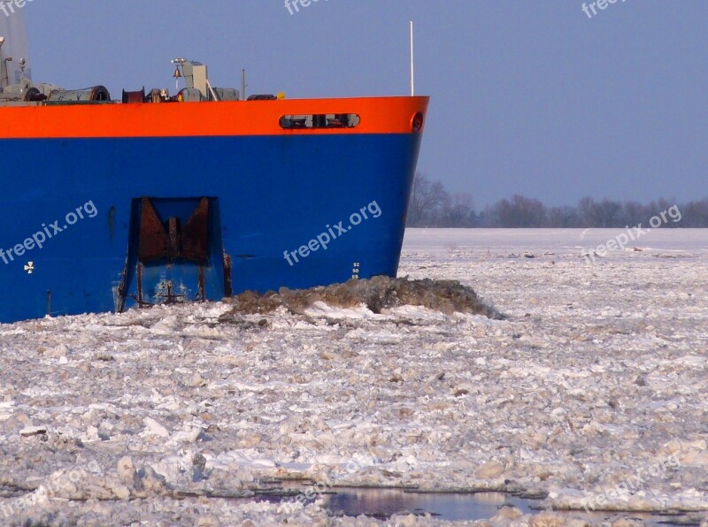 Seafaring Ship Ice Elbe Winter