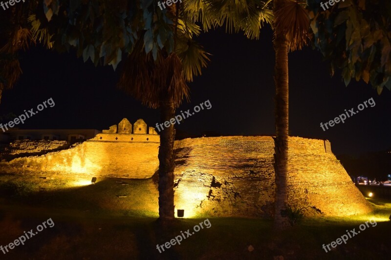 Chiang Mai City Wall Night Photograph Palm Trees Free Photos