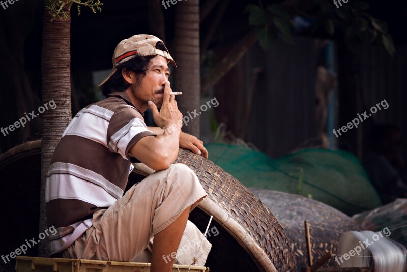 Fisherman Smoking Asia Fishing Man