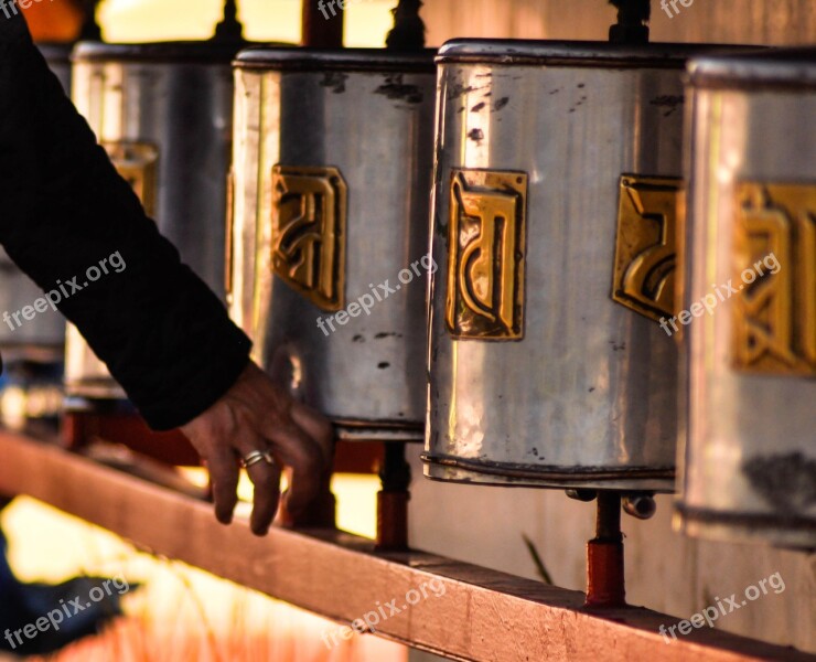 Prayer Wheels Hand Prayer Religion Buddhism