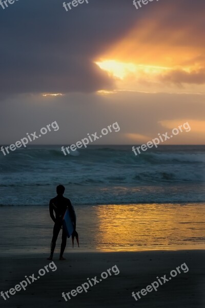 Surfer Sunset One Sky Beach