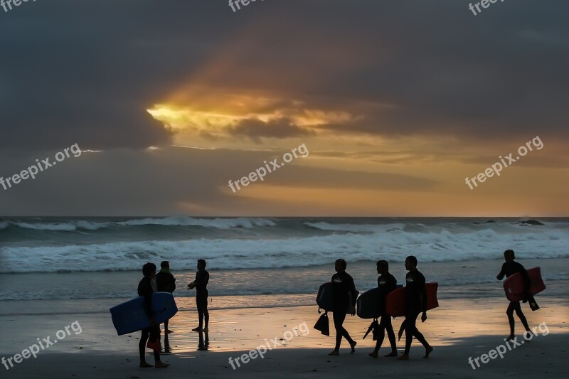 Surfer Sunset Group Sky Beach