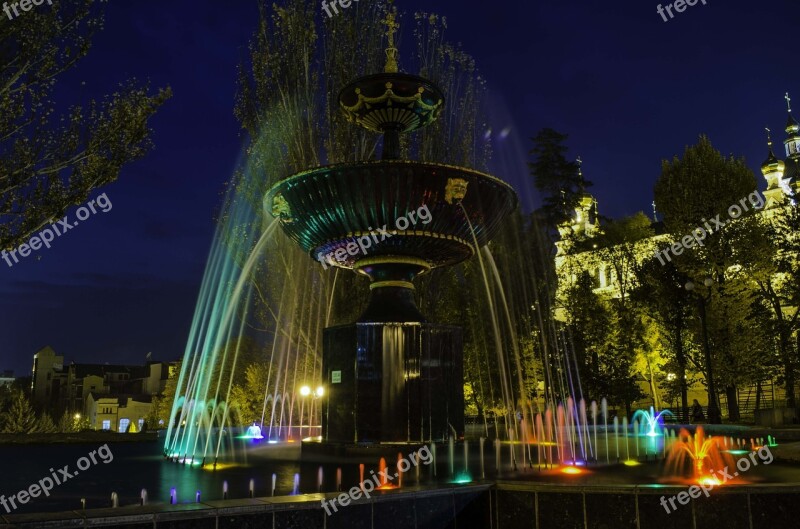 Fountain Water Night Reflection Sky