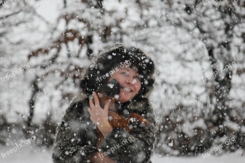 Woman Dog Snow Domestic Animals Winter