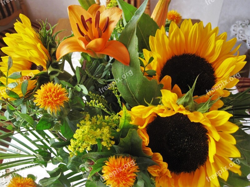 Autumn Bouquet Autumn Flowers Sunflower Lilies Yellow Orange