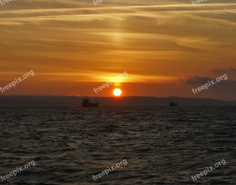 Sea Sunset Two Ships Of The The Baltic Sea The Sun