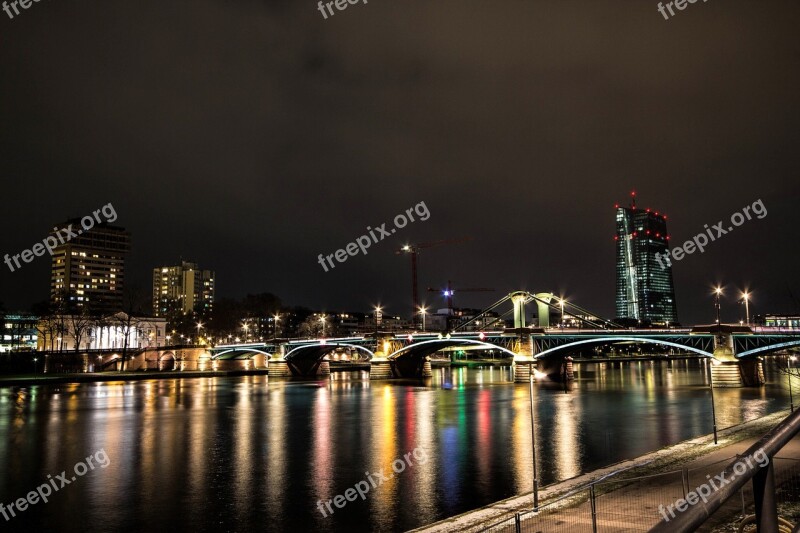 Frankfurt Am Main Germany At Night Skyline River Bridge