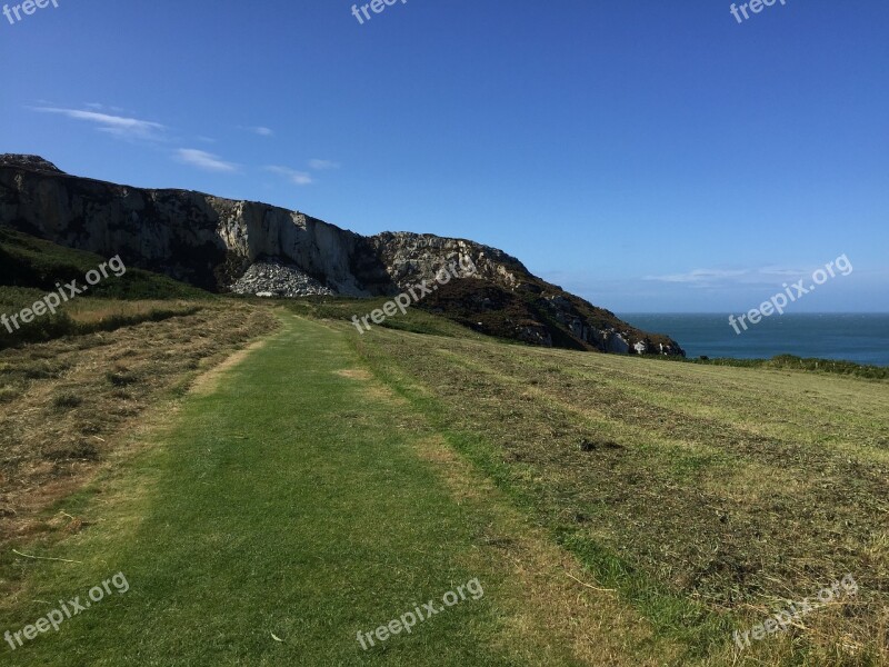 Cliffs Blue Sky Grass Coastline Sunny Day