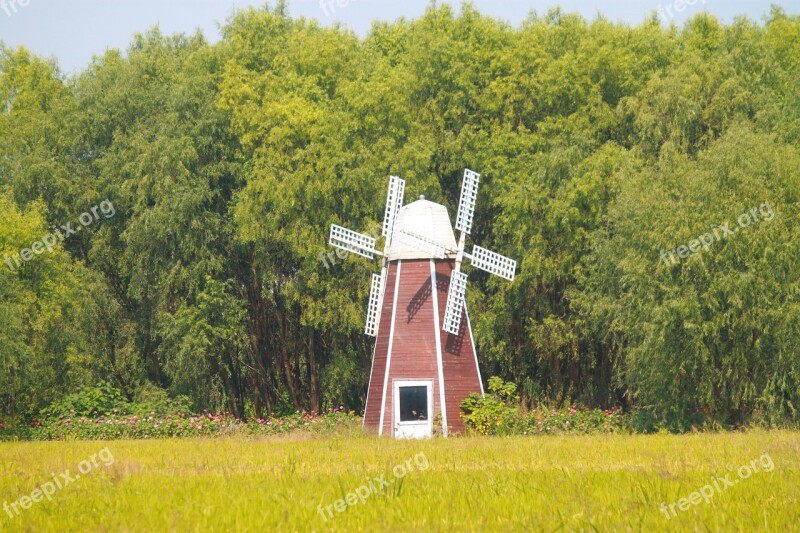 China Taihu Lake Wetlands Windmill In Rice Field