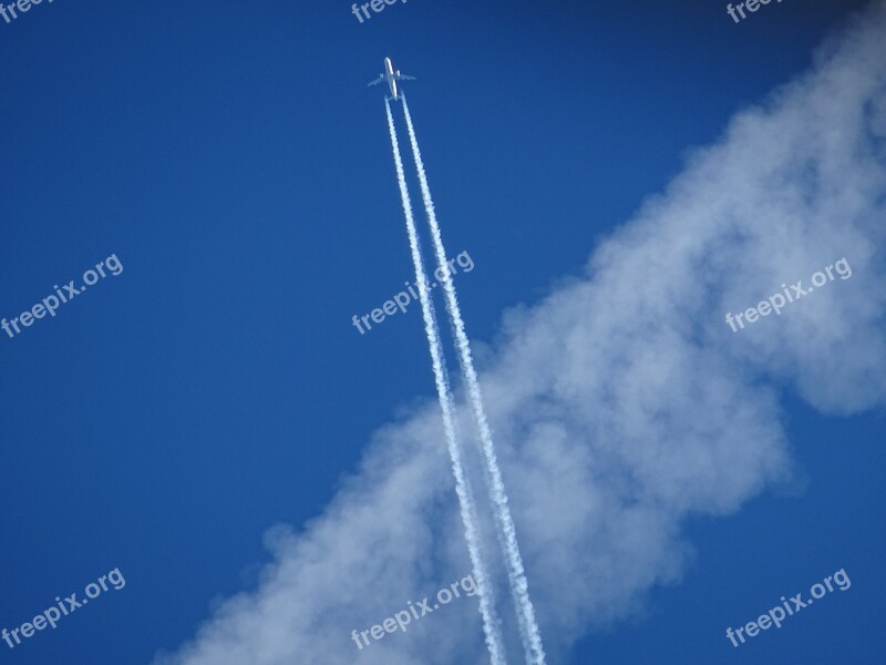 Aircraft Contrail Sky Blue Two Spotlights