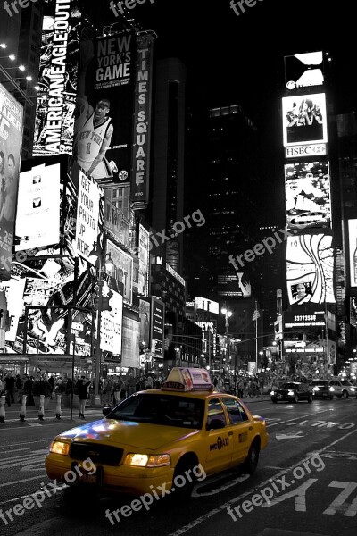 New York Time Square Black White Yellow Cab Travel