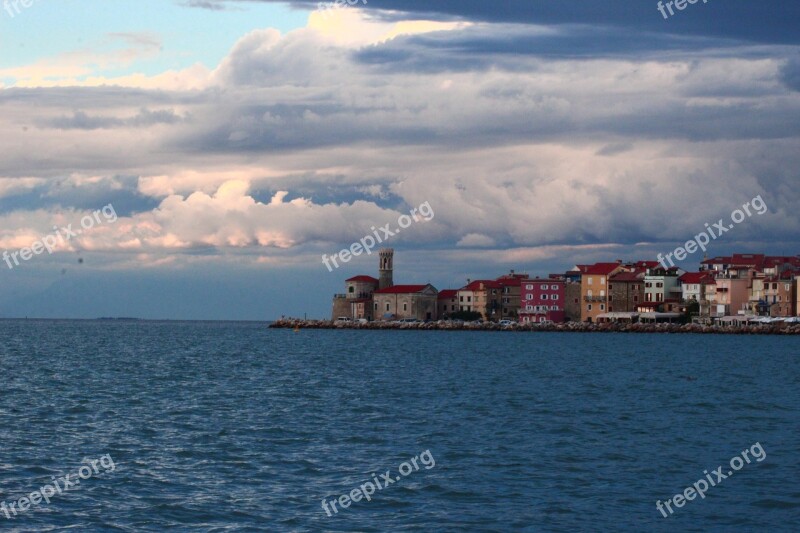 Sea Piran Clouds Water Lake