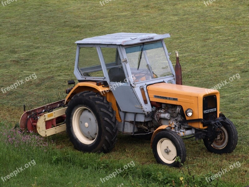 Tractor Village Working On The Field Grass Meadow