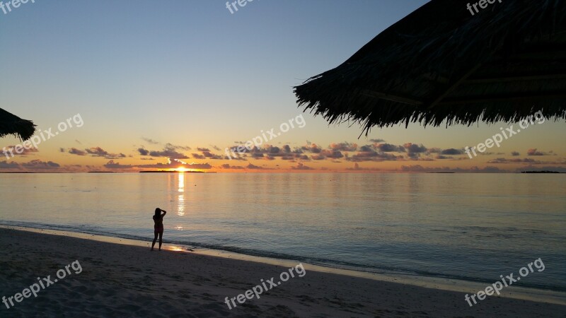 Beach Maldives Sea Sunset Silhouette