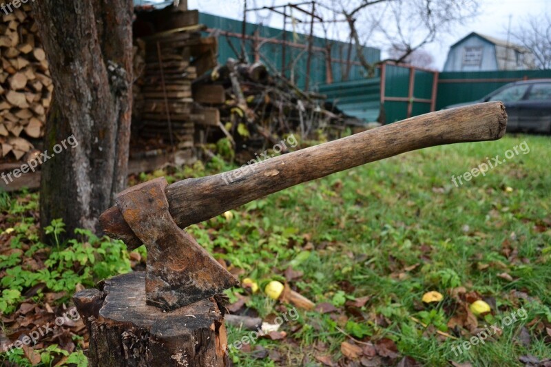 Axe Dacha Autumn Firewood Closeup