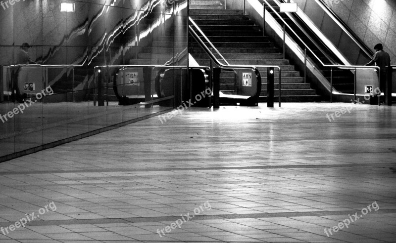 Metro Station Escalator Trainstation Mirroring Black And White