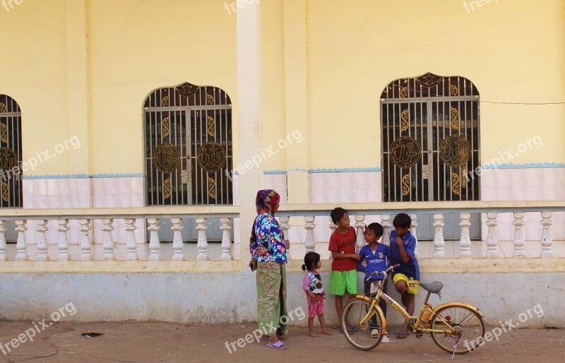 Mosque Cambodia Family Bicycle Poor