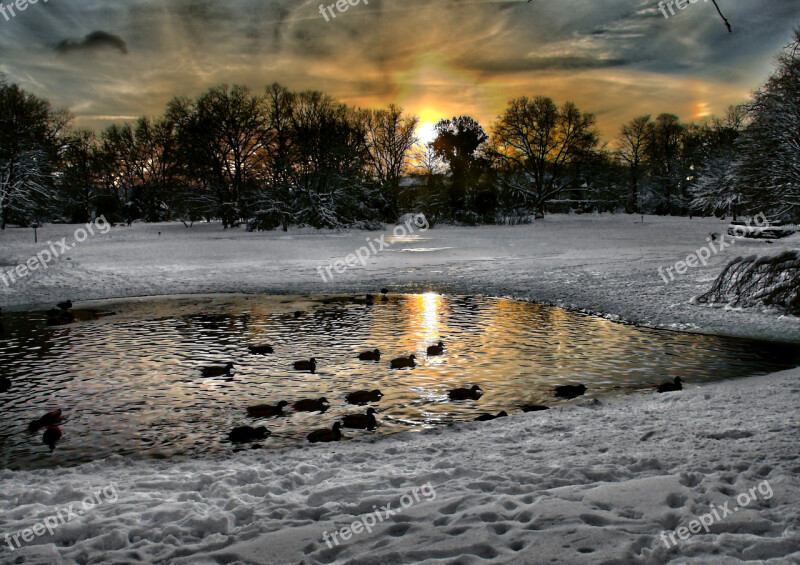 Gelsenkirchen Bulmker Park Snow Landscape Sunset Wintry