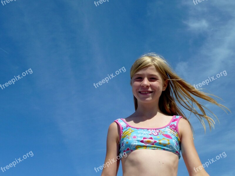 Girl Swimsuit Blond Laugh Sun