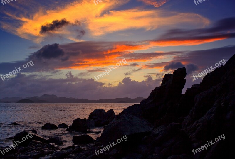 Sunset The Sea Shoals Silhouette High Contrast