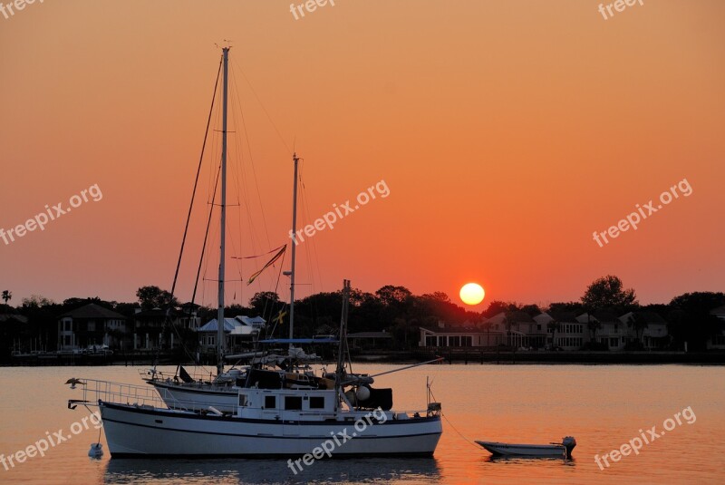 Boats Moored Sunrise Anchor Morning