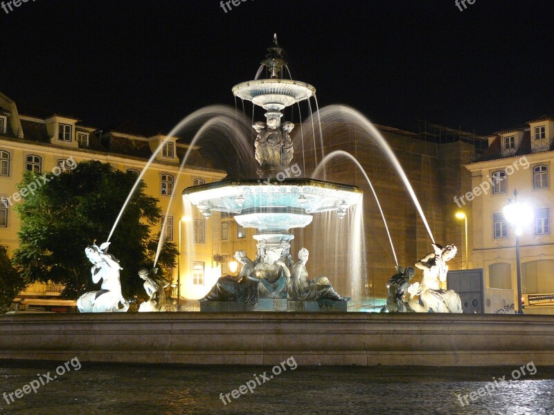 Lisbon Night Photograph Historic Center Fountain Night