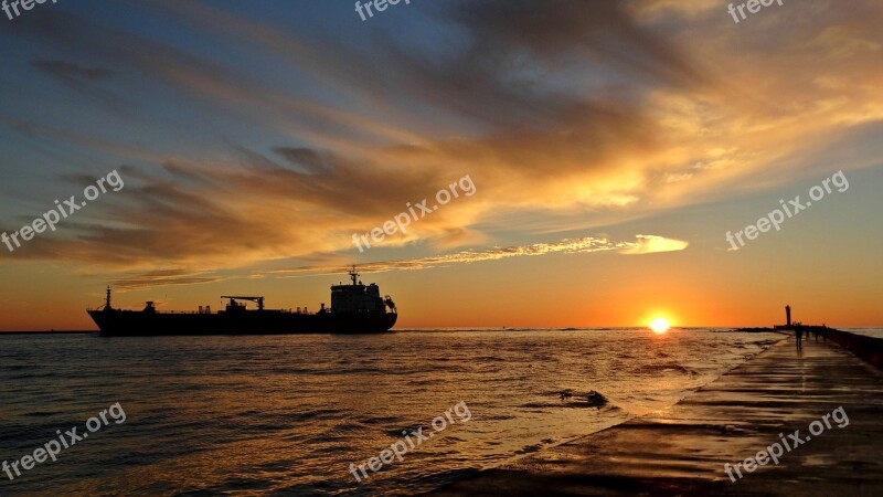 Breakwater Sunset Riga Latvia Ship