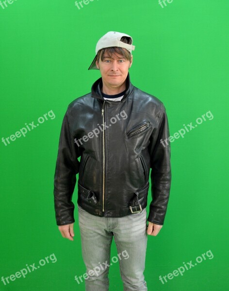 Man Greenbox Chroma Key Leather Jacket Cap