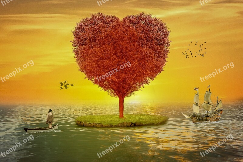 Fantasy Landscape Tree Heart Sun Woman