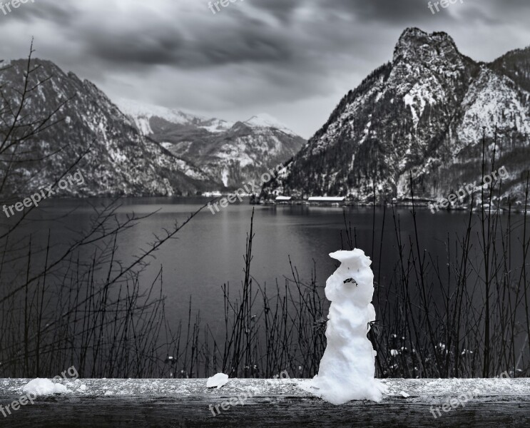 Snowman Snow Salzkammergut Mountains Lake