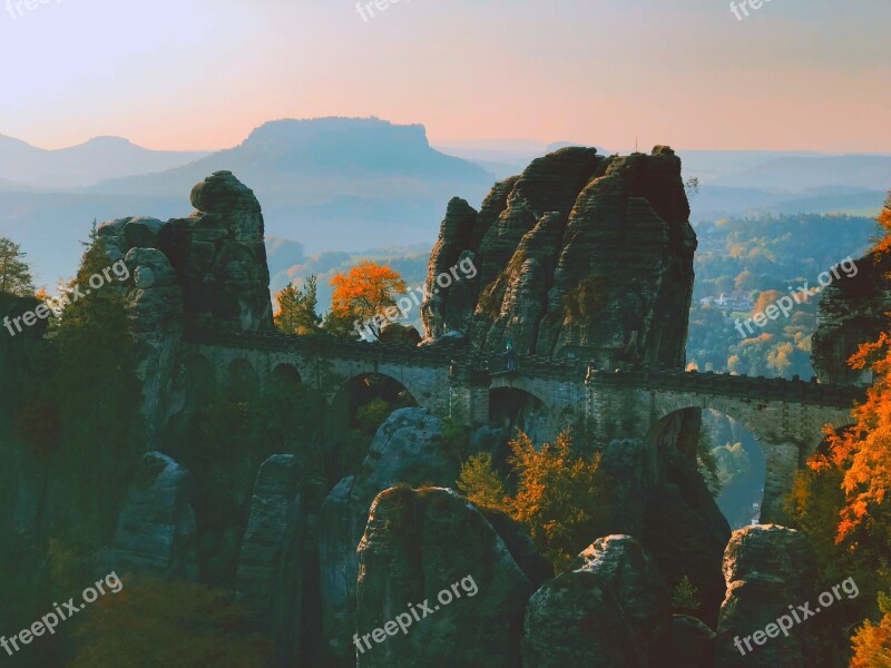 Bastei Bridge Landscape Sunset Rock