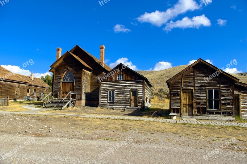 Church And Two Houses Bannack Montana Bannack State Park Historic