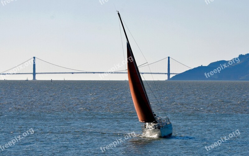 Sailboat San Francisco Bay Red Sail Golden Gate Bridge Water