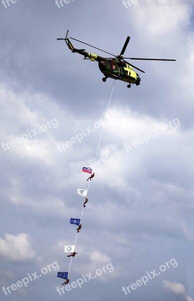 Helicopter Rope Flags Skydivers The Sky