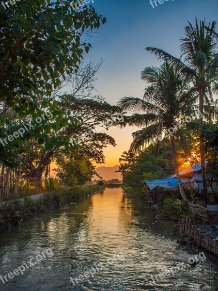 River Palm Trees Sunset Nature Sun