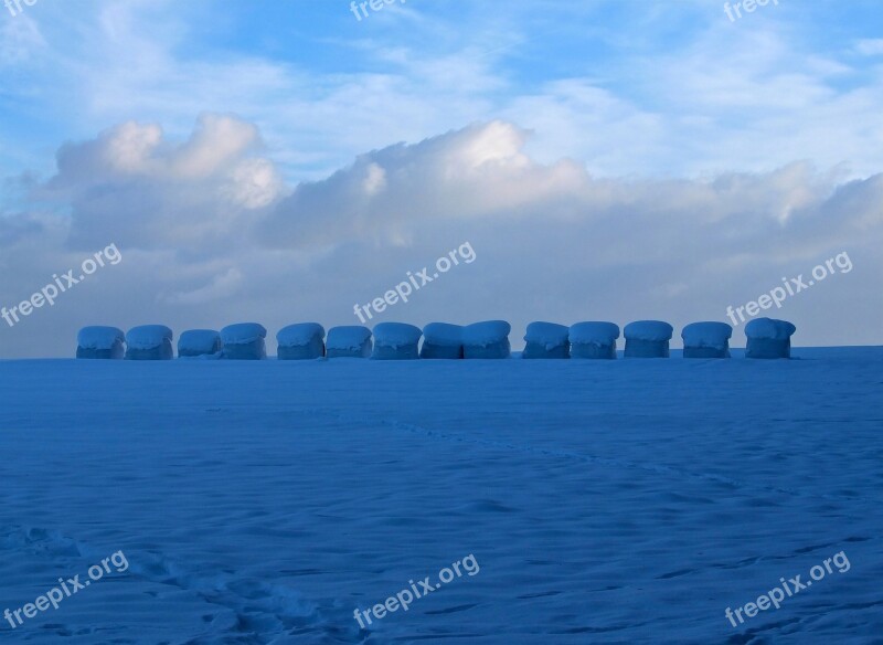 Hay Bales Snow Winter Landscape Hay