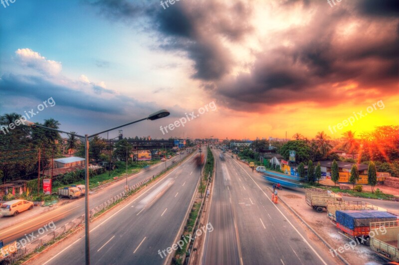 Highway Sunset Suburb Clouds Dawn