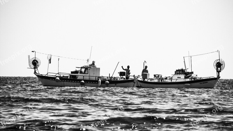 Colleagues Waving Gesture Fishermen Fishing Boat