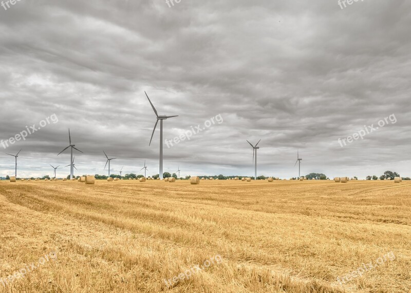 Cornfield Harvest Wind Power Plant Straw Bales Thanksgiving