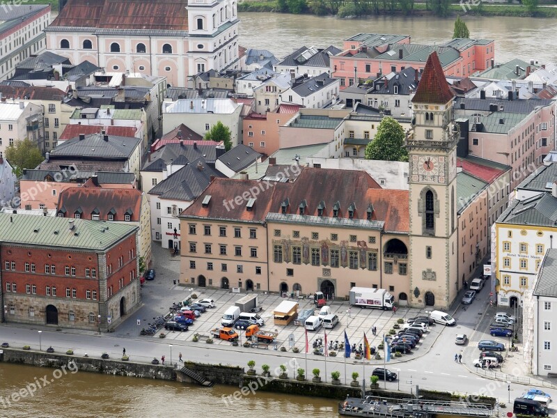 Passau Town Hall Square Bank Of The Danube Historic Center Clock Tower