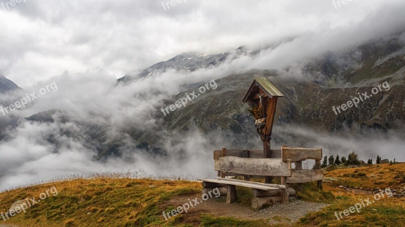 Mountains Wayside Cross Landscape Fog Clouds