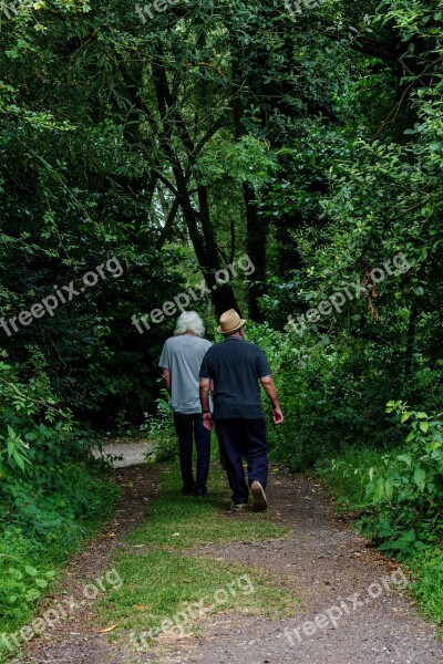 Men Walking Trees Nature Pathway