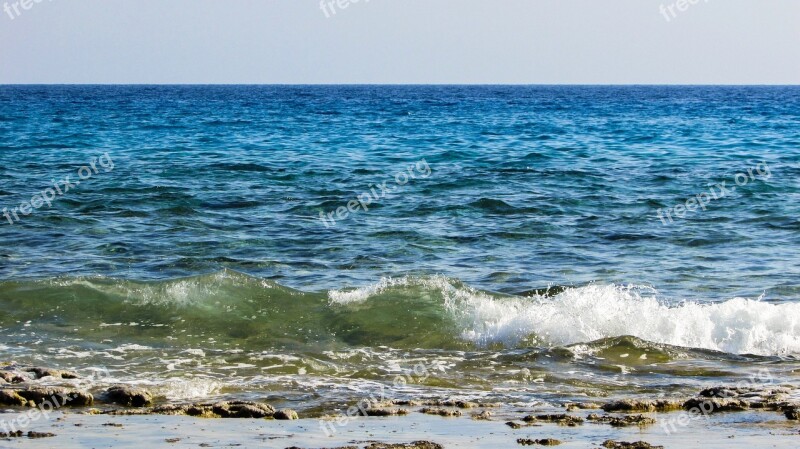 Wave Rocky Beach Sea Horizon Blue