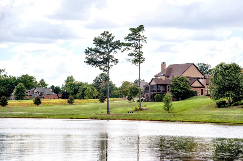 Houses Neighbourhood Landscape Lake Scenery