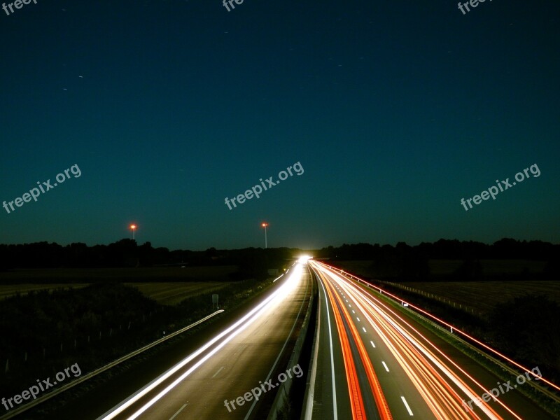 Night Sky Highway Light Traces Twilight Long Exposure